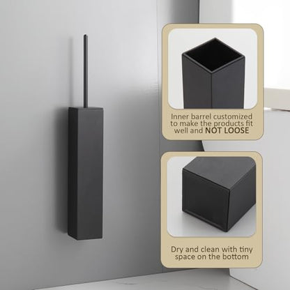 Toilet Brush and Holder Wall Mounted, Black Aluminum with 2 Replaceable Heads, Bathroom Toilet Brush, Drill or 3M Adhesive Mount, Removable Liner and Splash Guard, Modern Square Design - color: Black-wall Mounted