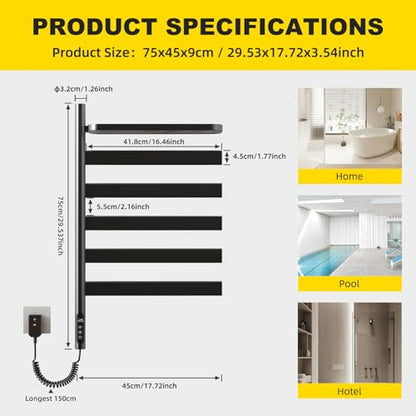 Swivel Towel Rack with Storage Rack, Rotating Heated Towel Rack Wall Mounted Drying Rack,Stainless Steel Towel Warmer 5 Bars with Built-in Timer, 1h-9h,150w,Plug-in or Hardwired,Black - color: Black
