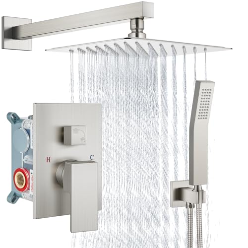 Aolemi Shower Faucet Set with Handheld Brushed Nickel 8 Inch Head | Pressure Balance Shower Valve and Trim Kit,SUS304 Rain Head and Handle System,All Metal,Wall Mount,Bathroom,Handheld Spray - color: Nickel, size: 8 Inch Wall Mount Shower Head