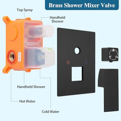 12 inch Square Shower Head and Handheld Set, Gasecoet Shower System with Tub Spout Wall Mounted Shower Faucet for Bathroom - Matte Black (With Shower Valve) - color: Matte Black, style: 3 Setting-12in