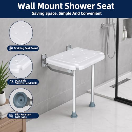 Wall-Mounted Foldable Shower Seat for Seniors | 400 lbs Capacity, Space-Saving Bath Bench for Seniors, Pregnant Women & Mobility Impaired, Non-Slip Feet, Drainage Holes