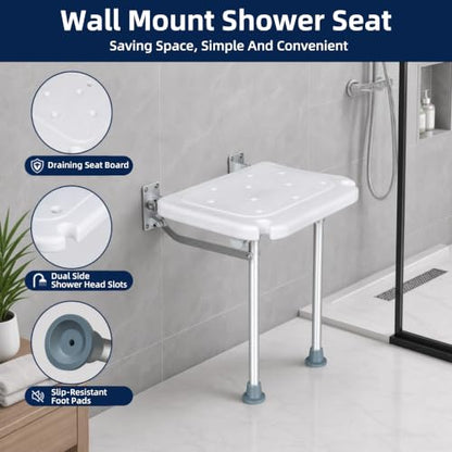 Wall-Mounted Foldable Shower Seat for Seniors | 400 lbs Capacity, Space-Saving Bath Bench for Seniors, Pregnant Women & Mobility Impaired, Non-Slip Feet, Drainage Holes