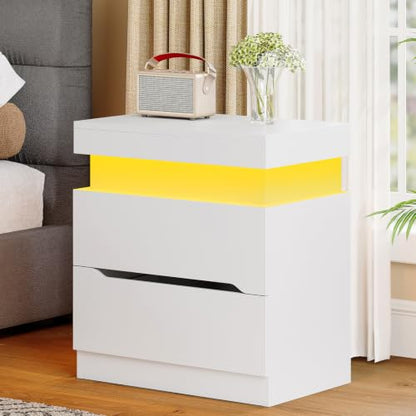 Night Stand with 2 Drawers, Nightstand with App-Controlled Adjustable LED Light, Bedside Table with Slidable Hidden Storage Space, Modern Nightstands for Bedroom,White - color: Unbzx031wd-zf