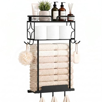 Towel Racks for Bathroom 23.8 Inch Wall Mounted Towel Rack with Shelf, Small Bathroom Towel Storage Holds 3–6 Large Rolled Towels, Metal Wall Towel Rack, Black - size: 23.8inch