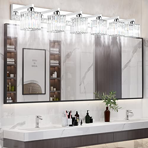 Aipsun Bathroom Vanity Light Fixtures 6 Light Chrome Vanity Light for Bathroom Crystal Vanity Lighting Fixtures (Exclude Bulb) - color: Chrome, size: 49 inch