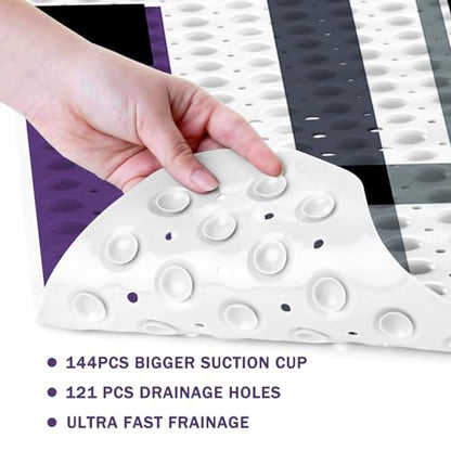 Purple Black Bath Tub Mat Non Slip, Modern Geometric Large Washable Shower Mats with Drain Holes and Suction Cups,40 X 16 Inch - color: Purple Black