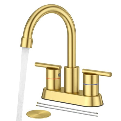 Faustina Brushed Gold Bathroom Faucet, 4 Inch Centerset Faucets for Sink 2 Holes 3 Holes，Two Handles 304 Stainless Steel Faucet with Pup up Drain Assembly and 2 Water Supply Lines for RV Vanity - color: Gold, style: Modern Centerset