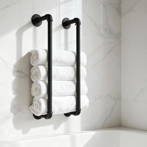 Industrial Pipe Towel Rack for Bathroom Wall Mounted,Towel Holder Black | 24 Inch,Easy To Install,Made of Galvanized Steel,Hold Up To 6 Regular Size Bath Towels,For Farmhouse Bathrooms Laundry Rooms - size: 24 Inch