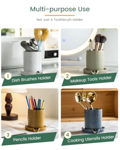Zoeeker Toothbrush Holders for Bathrooms, Ceramic Toothbrush Holder Set | Self-draining Toothbrush & Toothpaste Holder Shower Tooth Brush Cup with Drainage Brush Holder Pen Holder for Family, White - color: B-white