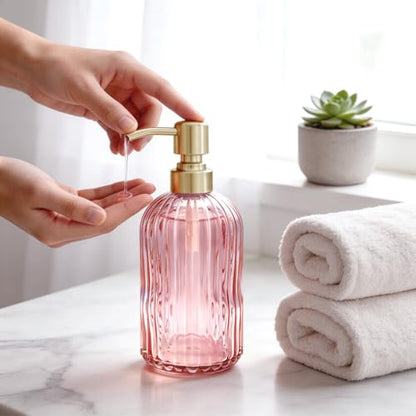 16 OZ Pink Glass Soap Dispenser,Clear Pink Stripe Bathroom Hand Soap Dispensers with Stainless Steel Gold Pump, Pink Kitchen Hand Soap Dispenser with Brushed Gold Pump - color: Pink+brushed Gold, size: 1-Pack