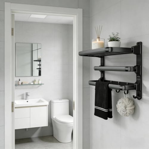Towel Rack Wall for Bathroom Lavatory Hotel, 24 Inch Foldable Towel Shelf with 2 Towel Holder Bar and 7 Hooks, Black Matte Towel Storage Organizer Mounted, Drill-in or Adhesive Installation