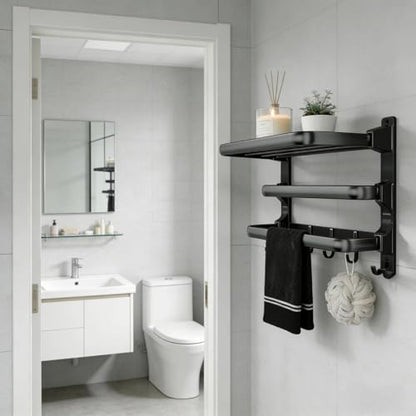 Towel Rack Wall for Bathroom Lavatory Hotel, 24 Inch Foldable Towel Shelf with 2 Towel Holder Bar and 7 Hooks, Black Matte Towel Storage Organizer Mounted, Drill-in or Adhesive Installation