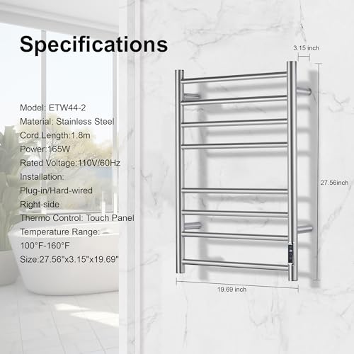 Towel Warmer Bathroom Wall Mounted Drying Rack Plug-in Electric Heated Towel Rack Stainless Steel Brushed Timer & Temperature Control 8 Bar - color: Brushed With Timer 8 Bar Etw44-2, size: 8 Bar