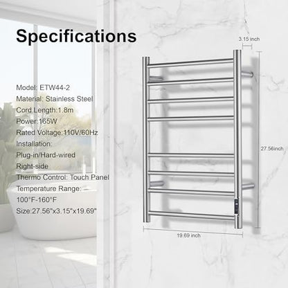 Towel Warmer Bathroom Wall Mounted Drying Rack Plug-in Electric Heated Towel Rack Stainless Steel Brushed Timer & Temperature Control 8 Bar - color: Brushed With Timer 8 Bar Etw44-2, size: 8 Bar