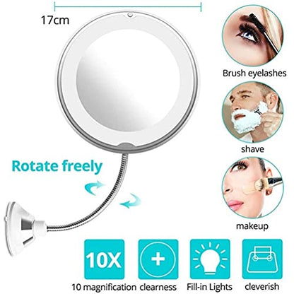Makeup Mirror with LED Light and Suction Cup 360 Degree Swivel Flexible Gooseneck 10X Magnifying Mirror Travel and Home Bathroom Vanity Mirror (White)