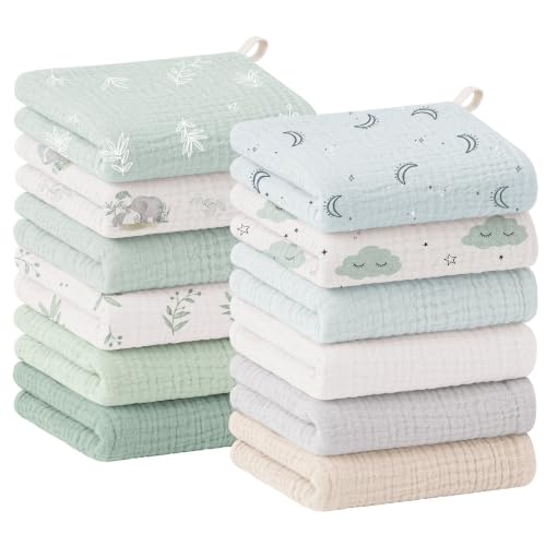 Bearmoss 12 Pack Baby Muslin Washcloths, 100% Cotton 10"x10" Face Towels | Soft Absorbent Bath Wash Cloths and Burp Cloths for Newborn Infants Kids Girls & Boys (Green Elephant) - color: Green Elephant