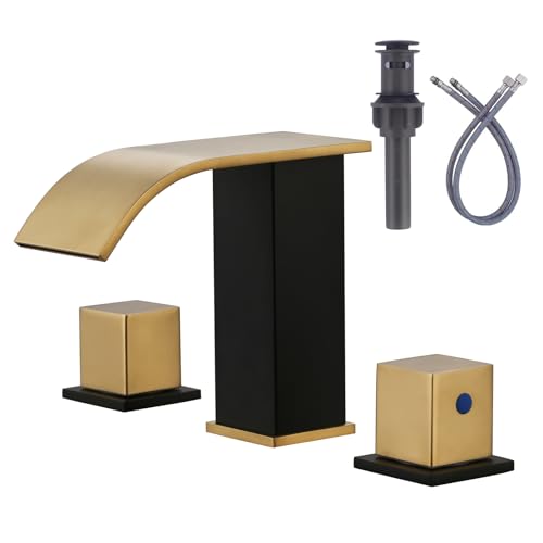 Waterfall Bathroom Faucet Black and Gold: ARCORA Bathroom Faucet 3 Hole, 8 Inch Widespread Bathroom Faucet with Pop Up Drain and Hose - color: Black and Gold