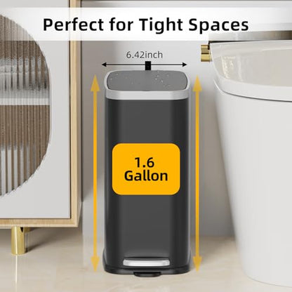 KdbK Stainless Steel Bathroom Trash Can with Lid Soft Close,1.6 Gallon Slim Garbage can,Small Metal Step Wastebasket for Office, Bedroom, Toilet, Black - color: Black