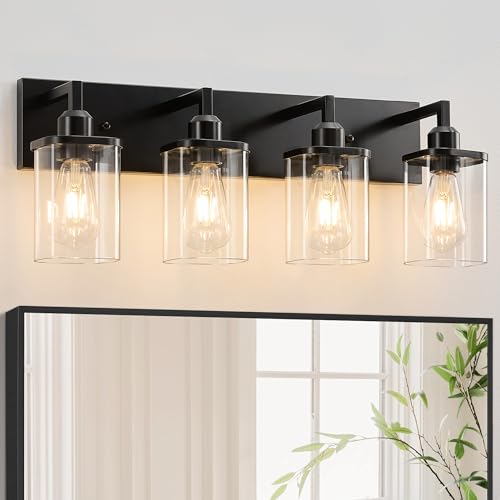 4-Light Bathroom Light Fixtures, Black Bathroom Lighting Fixtures Over Mirror with Clear Glass Square Shade, Modern Vanity Lights for Bathroom, Living Room, Hallway, Cabinet - color: Black-Square Shade, size: 4-Light