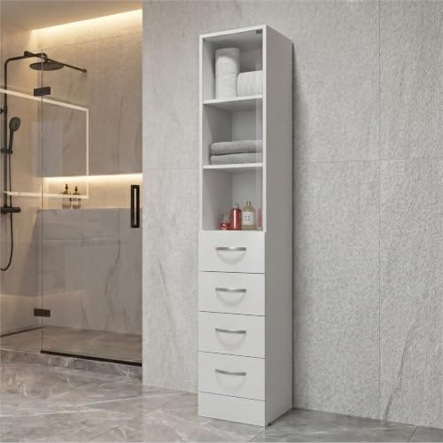Tuhome Vanguard Tall Linen Cabinet, 68.3" Glass-Door Bathroom Linen Tower with 4 Drawers & 3 Open Shelves, Slim 12" Engineered Wood Linen Storage Cabinet