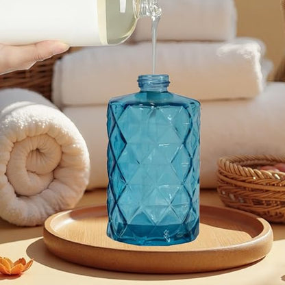 12Oz Blue Glass Soap Dispenser, Liquid Hand Bottle, Stainless Steel Pump | Refillable Clear Kitchen Soap Dispenser with Diamond Design, for Hand soap, Dish Soap, Lotion, Bathroom, Countertop, Hotel - color: Diamond Blue