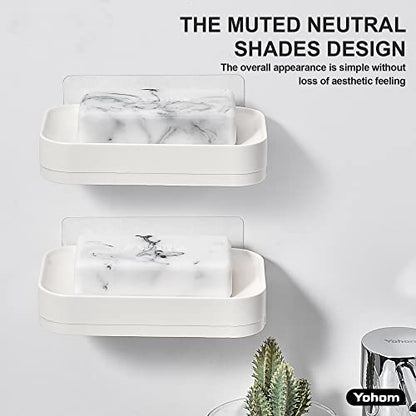 YOHOM 2PCS Adhesive Soap Dish with Drain Tray White Shower Bar Soap Holder Wall Mounted Bathroom Hanging Soap Tray Holder for Tub Plastic - color: Adhesive Soap Dish White