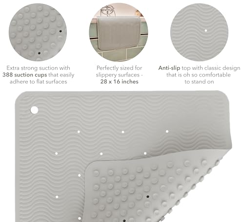 HEVEA Natural Rubber Wave Bath Mat – Long 28 × 16 in - Non-Slip Shower & Bathtub Mat with 388 Suction Cups, Plastic-Free & Biodegradable (Granite) - color: Granite, size: 15.5" x 27.6" (Wave Long)