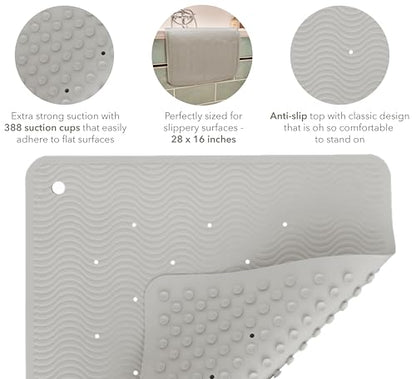 HEVEA Natural Rubber Wave Bath Mat – Long 28 × 16 in - Non-Slip Shower & Bathtub Mat with 388 Suction Cups, Plastic-Free & Biodegradable (Granite) - color: Granite, size: 15.5" x 27.6" (Wave Long)