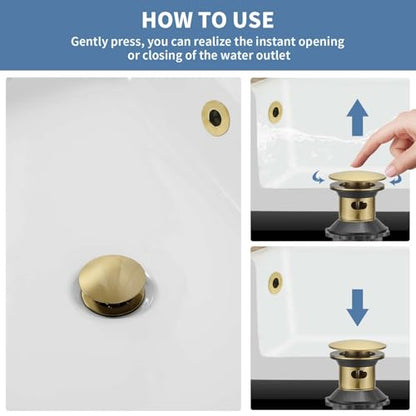 Bathroom Sink Pop Up Drain Stopper, BWE Brushed Gold Finish Stainless Steel Drain with Overflow, Household Universal Vanity Sink Drain Replacement - color: Brushed Gold