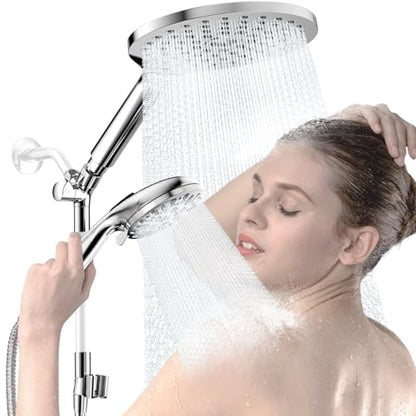 High Pressure Dual Shower Head with Handheld Spray Combo | 9 Spray Modes Handheld Showerhead, Double Rainfall Structure, Waterfall Shower Equipped with 79-Inch Hose, Chrome Finish - color: Chrome