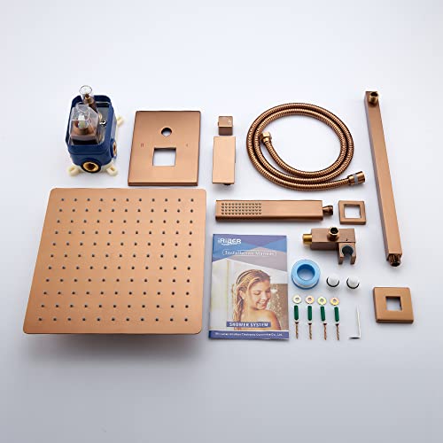 Iriber Brushed Rose Gold Rain Shower System with 12 Inch Shower Head and Handheld Bathroom Wall Mounted Shower Set Contain Shower Faucet Mixer and Trim Kit (Valve Included) - color: Brushed Rose Gold 05