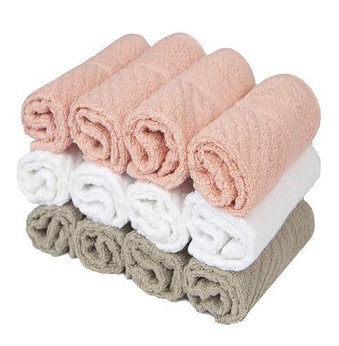 PH Pleasant Home Diagonal Wash Cloths Set - 12 Pack (12” x 12”) – 509 GSM - 100% Ring Spun Cotton Wash Cloth - Super Soft and Highly Absorbent Face Towels (Blush,White & Tan) - color: Blush, White & Tan, style: Diagonal