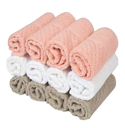 PH Pleasant Home Diagonal Wash Cloths Set - 12 Pack (12” x 12”) – 509 GSM - 100% Ring Spun Cotton Wash Cloth - Super Soft and Highly Absorbent Face Towels (Blush,White & Tan) - color: Blush, White & Tan, style: Diagonal