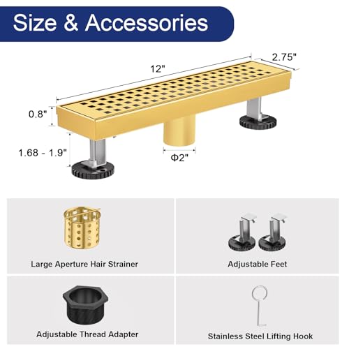 12 Inch Linear Shower Drain - Brushed Gold, with Removable Grate | AISI 304 Stainless Steel Shower Drain, Long Rectangle Shower Floor Drain with Adjustable Feet, Fits Bathroom & Balcony etc - color: Brushed Gold, size: 12 in