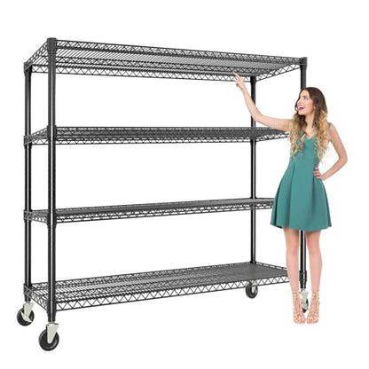Garvee 71.8"H Metal Shelving with Wheels, 4-Tier Storage Shelves Heavy Duty | 2560LBS, Adjustable Wire Shelving Units, Rolling Steel Shelves for Garage Kitchen Industrial Pantry, 59" Wx17.7"D, Black - size: 59" Wx71.8 H