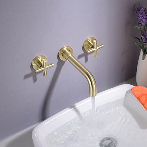 TRUSTMI Brushed Gold Bathroom Faucet Cross Handle Wall Mount Rough-in Valve | Premium Brass Construction, 360° Swivel Spout, Concealed Valve Included, fits Vessel Sinks, 2 Handle - color: Brushed Gold