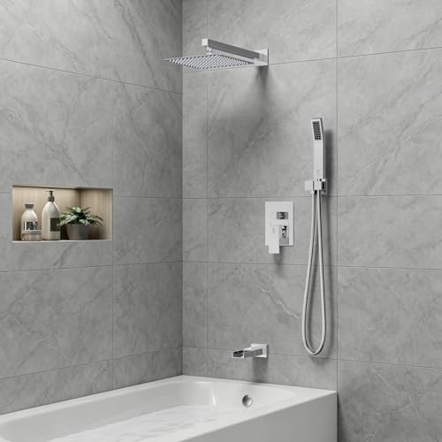 SR SUN RISE 10 Inch All Metal Square Shower System with Tub Spout, Tub Shower Faucet Set, High Pressure Rain Shower Head and Handheld Sprayer Shower Fixtues, Valve Included, Polished Chrome - color: Polished Chrome, size: 10 Inch