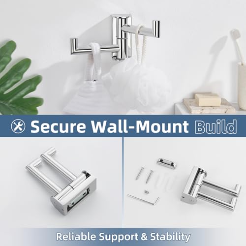 Aomasi 180° Swivel Towel Hook for Bathroom, 304 Stainless Steel Wall Mounted Double Robe Hook, Heavy Duty 11LB Towel Hanger, Polished Chrome - color: Polished Chrome, size: 1 Pack