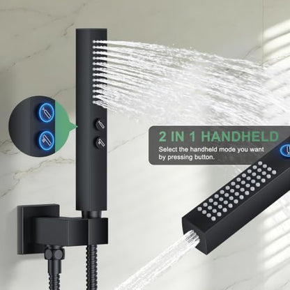 Rain Shower System with Rough-in Valve, Ceiling Mount Shower Faucet Set with 12" & 6" Dual Rain Shower Heads, 2-in-1 Handheld Shower, Tub Spout, 4-Function Complete Shower Fixture, Matte Black - color: Matte Black, size: Ceiling Mount-12"+6" head with Tub