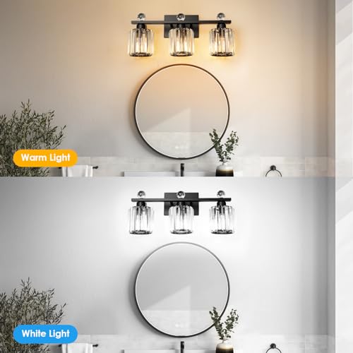 3-Light Black Modern K9 Crystal Vanity Lights, Black Bathroom Light Fixtures Stainless Steel Crystal Vanity Light Fixture | Black Bathroom Light Fixtures Stainless Steel Crystal Vanity Light Fixture - color: Black, size: Linear-3-Light
