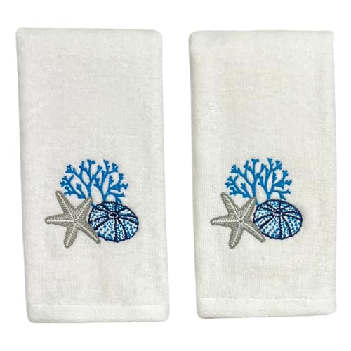 Serafina Home Summer Soft Absorbent Bathroom Coastal Guest Embroidered Fingertip Towels: Sealife Shell Starfish Coral Design, 2 Piece 12" x 18" Inches (Antigua Tip) - color: Antigua Tip