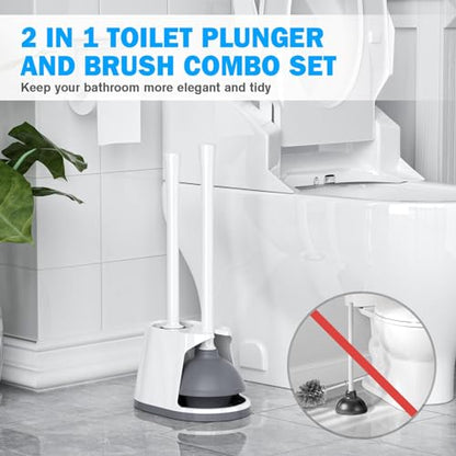 Toilet Plunger and Brush Set, Bowl Brush and Heavy Duty Toilet Plunger with Ventilated Holder, 2-in-1 Toilet Brush and Plunger Combo for 5.3-inch Toilet Drain Bathroom Deeply Cleaning(White & Grey) - color: White & Grey01