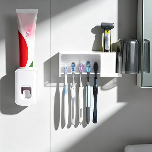 5 Slots Wall Mount Toothbrush Holder with Cover, Self Adhesive Toothbrush Storage Organizer for Shower, Toothbrush Cup Hanger with Automatic Toothpaste Squeezer Dispenser (White) - color: White Combination