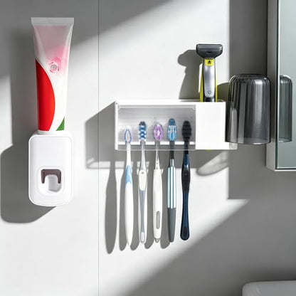 5 Slots Wall Mount Toothbrush Holder with Cover, Self Adhesive Toothbrush Storage Organizer for Shower, Toothbrush Cup Hanger with Automatic Toothpaste Squeezer Dispenser (White) - color: White Combination