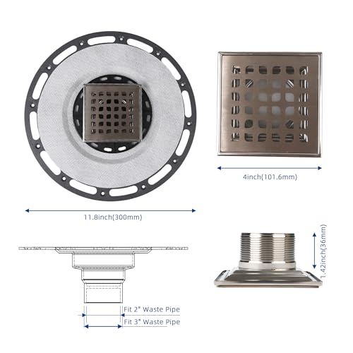 4-Inch Square Shower Drain Kit with Bonding Flange, Brushed Silver | Removable 304 stainless steel grate with hair strainer; fits 2- and 3-inch pipes for tiled shower floors and wet areas - size: 4in-Brushed Stainless Steel