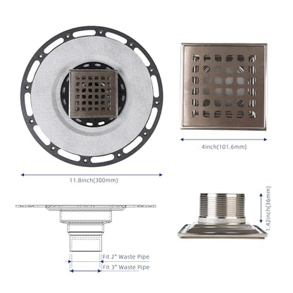 4-Inch Square Shower Drain Kit with Bonding Flange, Brushed Silver | Removable 304 stainless steel grate with hair strainer; fits 2- and 3-inch pipes for tiled shower floors and wet areas - size: 4in-Brushed Stainless Steel