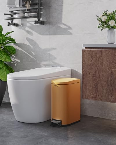 2.6 Gal / 10 L Metal Bathroom Trash Can with Lid, Slim Step-On Garbage Can with Soft Close Lid, Stainless Steel Waterproof Trash Bin for Bedroom with Inner Bucket, Rear Handle, Yellow - color: Yellow