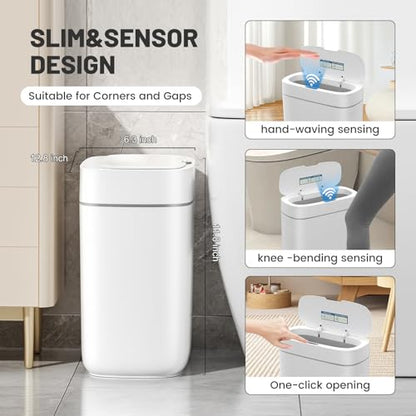 JUDRDO 3.5 Gal Slim Touchless Bathroom Trash Can, Automatic Diaper Pail | Motion sensor opening, automatic liner suction, slim profile for bathrooms, bedrooms, offices, kitchens and nurseries - color: White