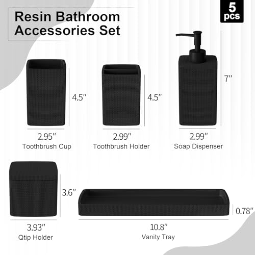 Matte Black Bathroom Accessories Set 5 Pieces, Resin Toothbrush Holders Set Complete with Soap Dispenser, Toothbrush Holder, Vanity Tray, Bathroom Tumbler and Qtip Holder for Small Spaces - size: 5 Pcs Bathroom Set, style: Black