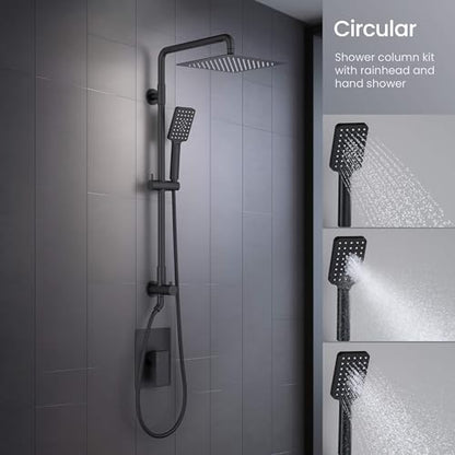 KIBI Cube 2-Function Wall Mounted Rain Shower Column | Bathroom Shower Faucet System with Solid Brass Rough-In Valve, 10" Rain Shower Head | Easy Temperature Control (Matte Black, KSC404) - color: Matte Black